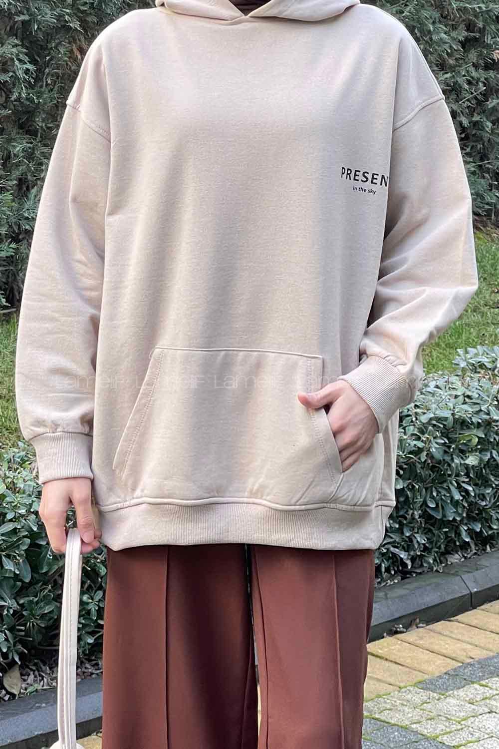 Lamelif Present Baskı Detaylı Sweatshirt Bej