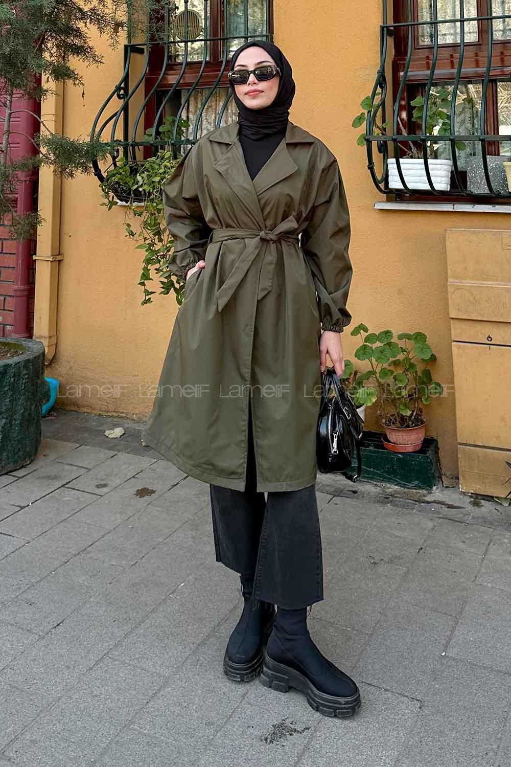 Lamelif Balon Kol Kuşaklı Trençkot Haki