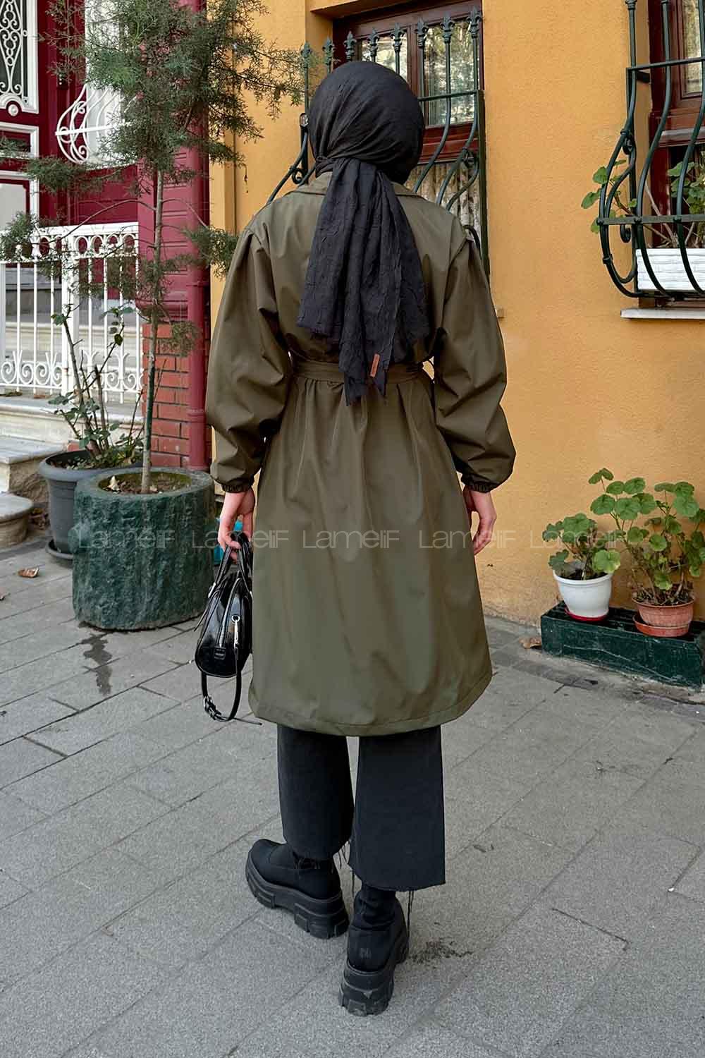 Lamelif Balon Kol Kuşaklı Trençkot Haki