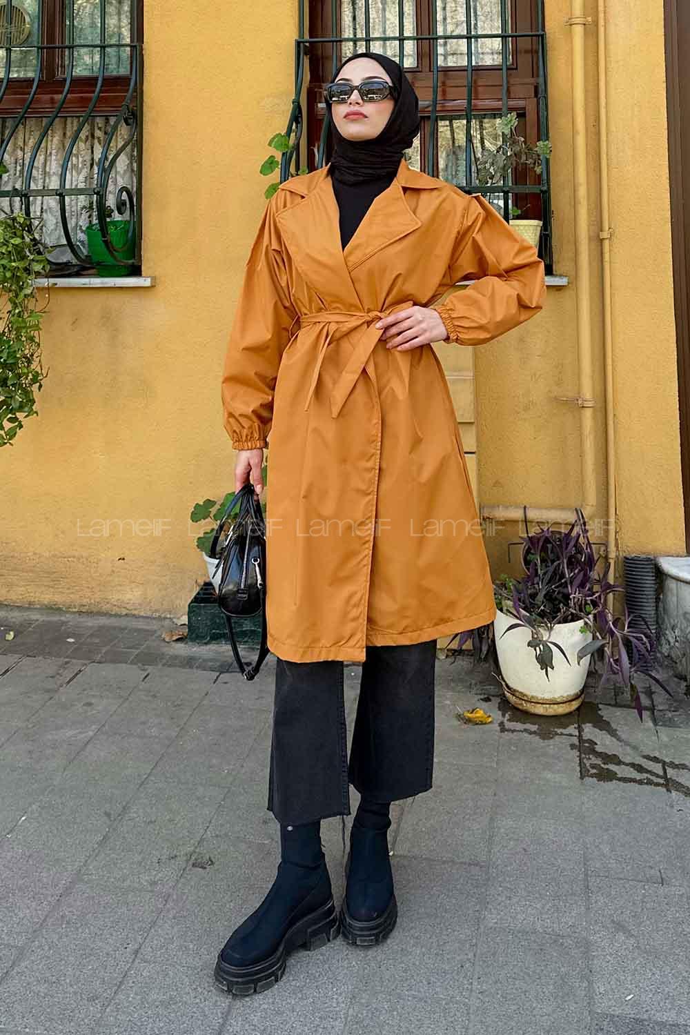 Lamelif Balon Kol Kuşaklı Trençkot Hardal Sarısı