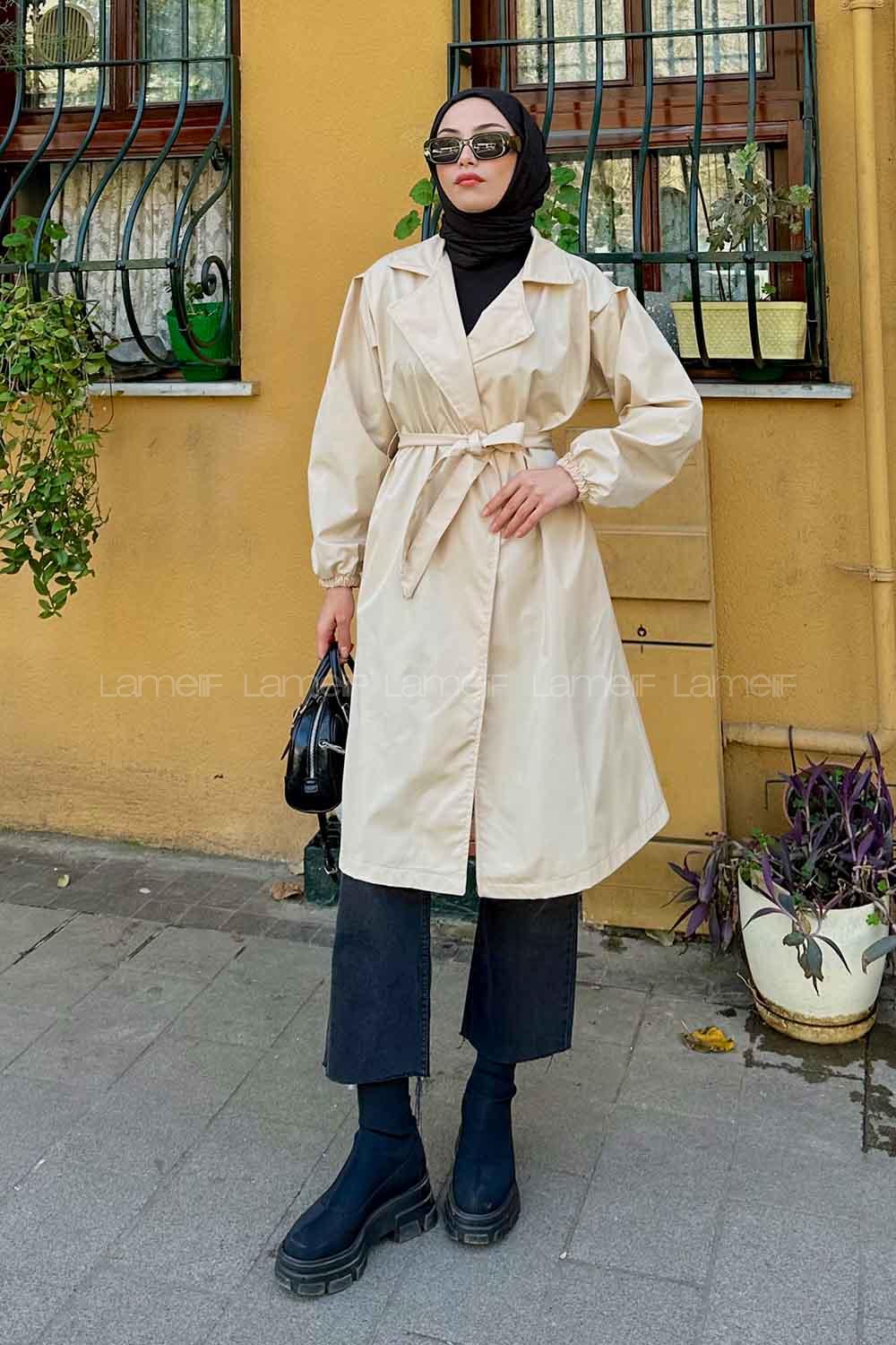 Lamelif Balon Kol Kuşaklı Trençkot Krem