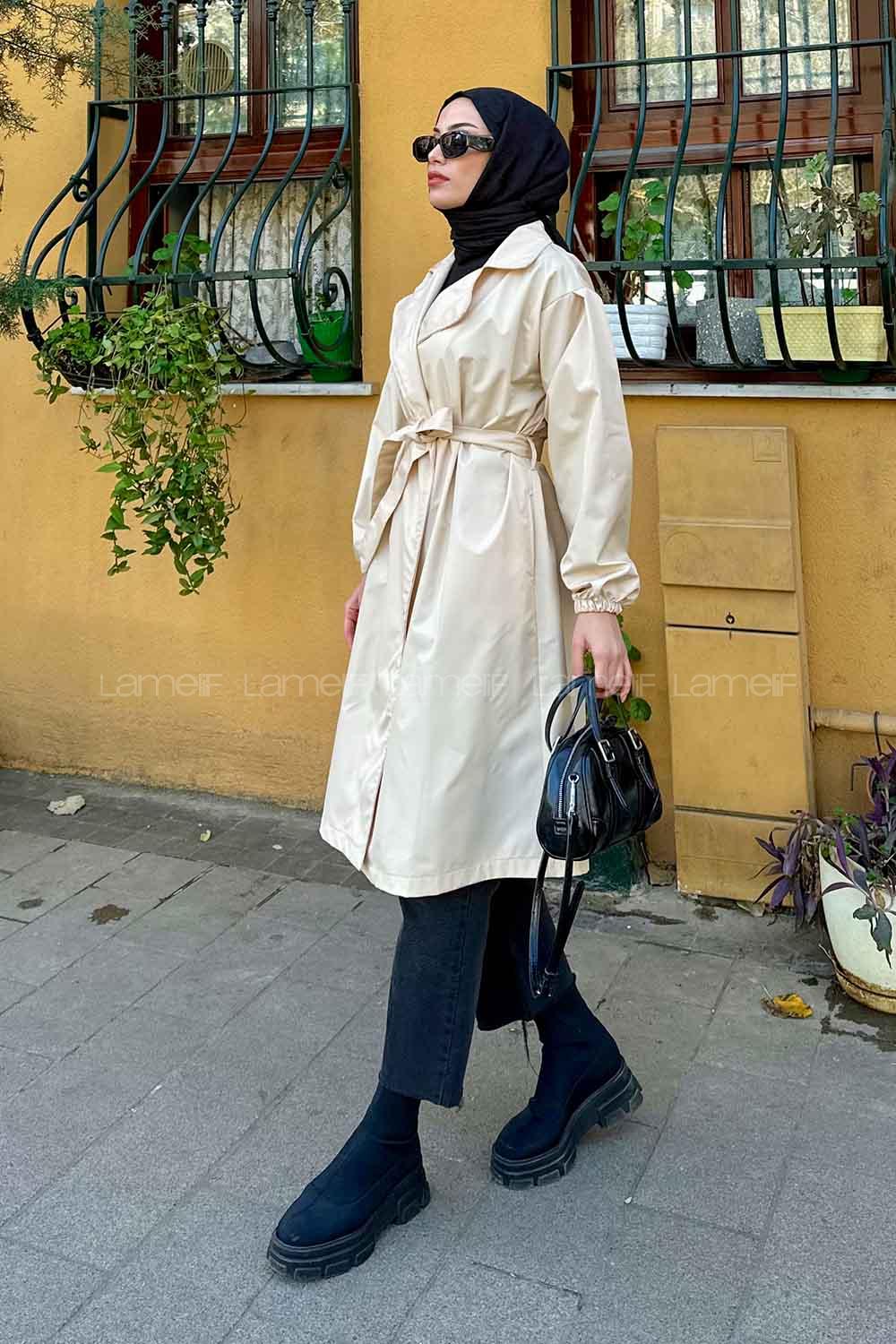 Lamelif Balon Kol Kuşaklı Trençkot Krem