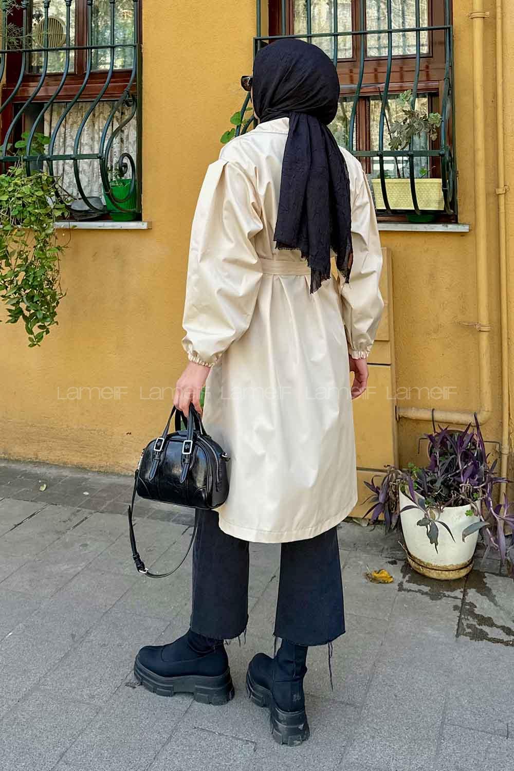 Lamelif Balon Kol Kuşaklı Trençkot Krem