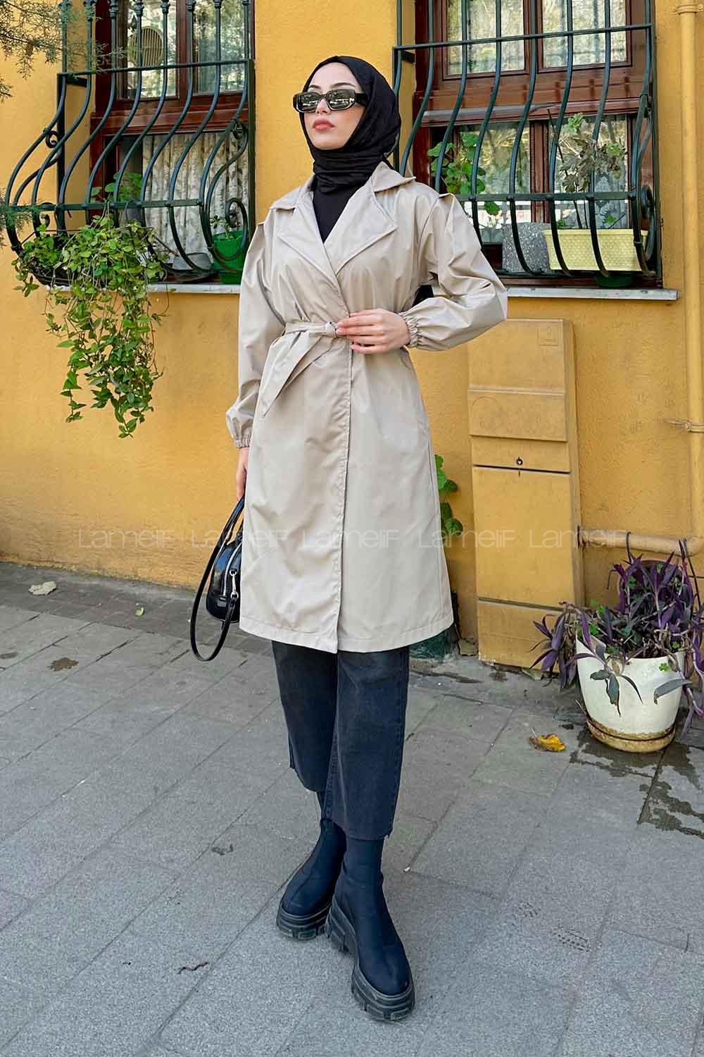 Lamelif Balon Kol Kuşaklı Trençkot Taş