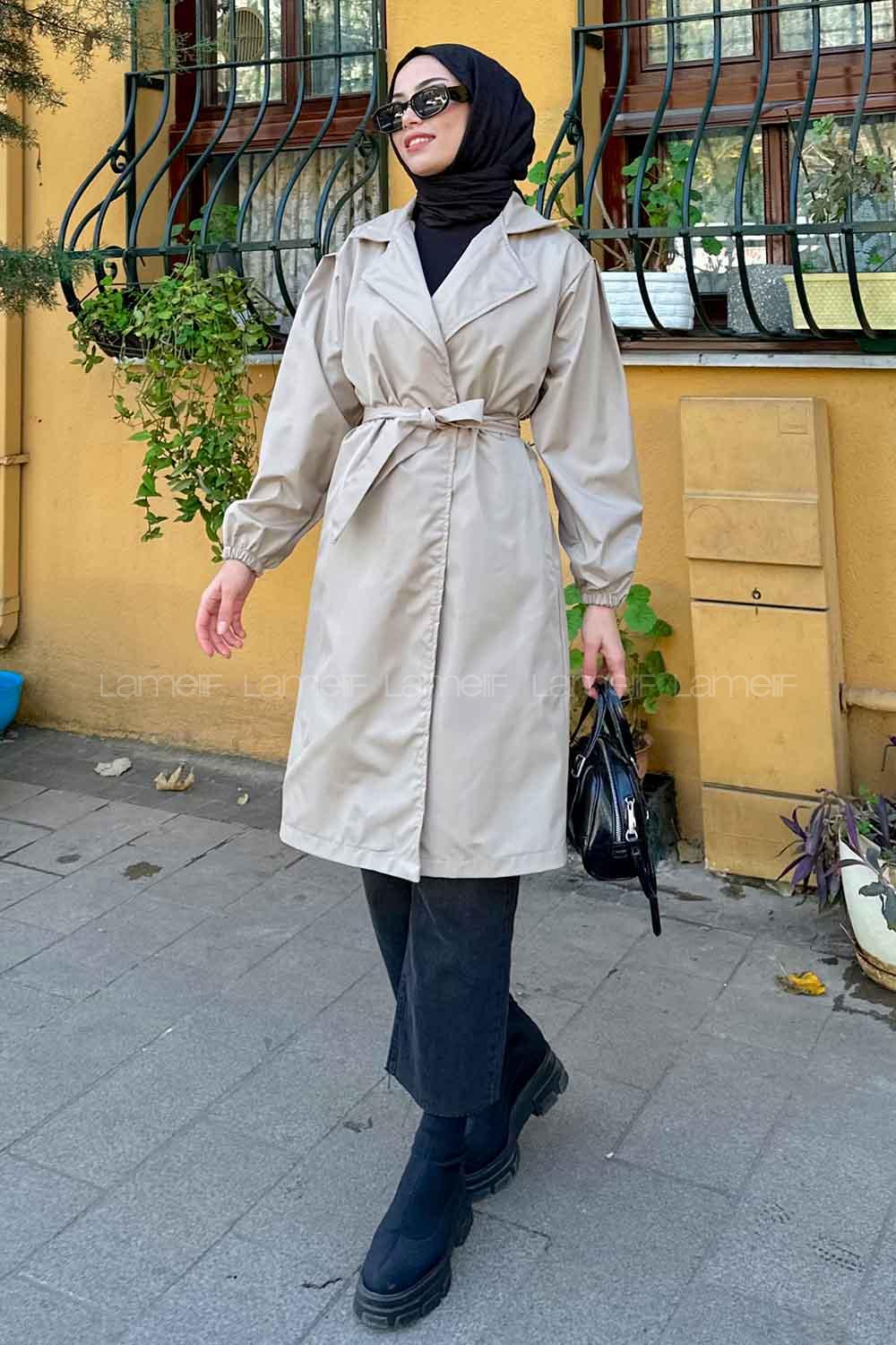 Lamelif Balon Kol Kuşaklı Trençkot Taş