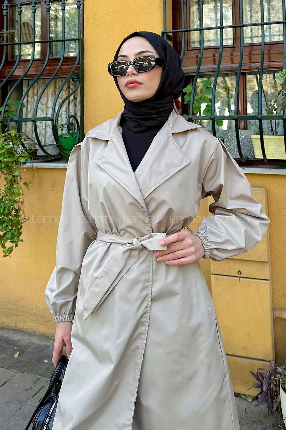 Lamelif Balon Kol Kuşaklı Trençkot Taş