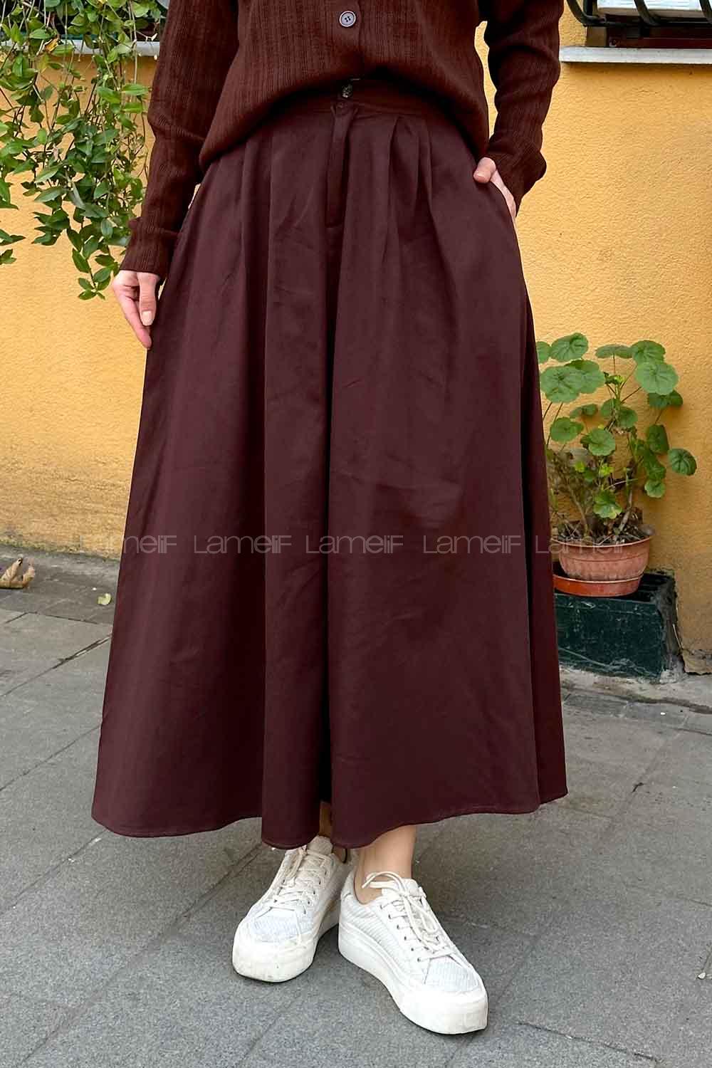 Lamelif Cep Detaylı Kloş Keten Etek Acı Kahve