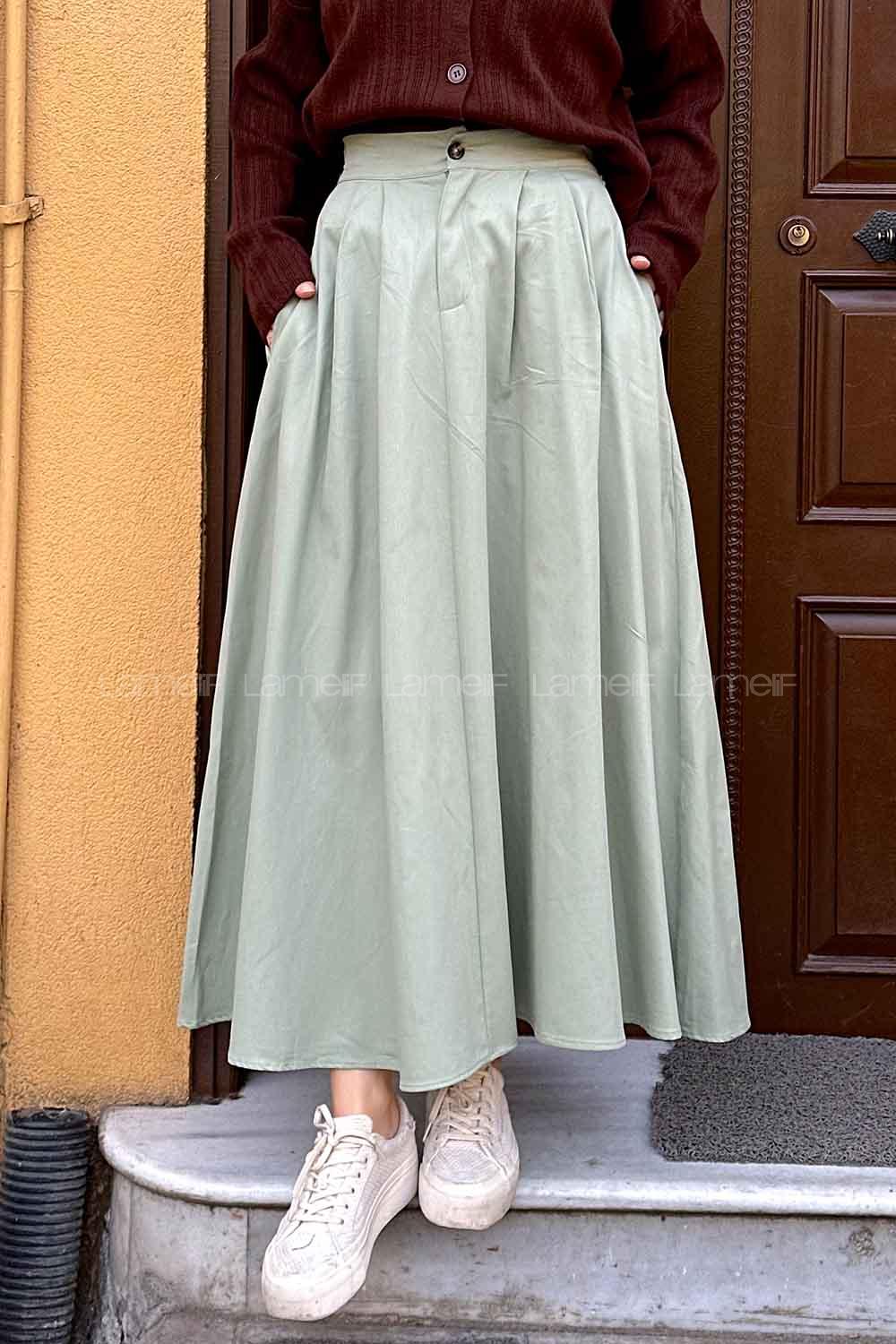 Mint Green Linen Unprinted Flare Skirt