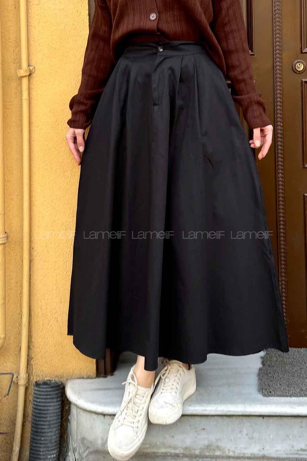Lamelif Cep Detaylı Kloş Keten Etek Siyah