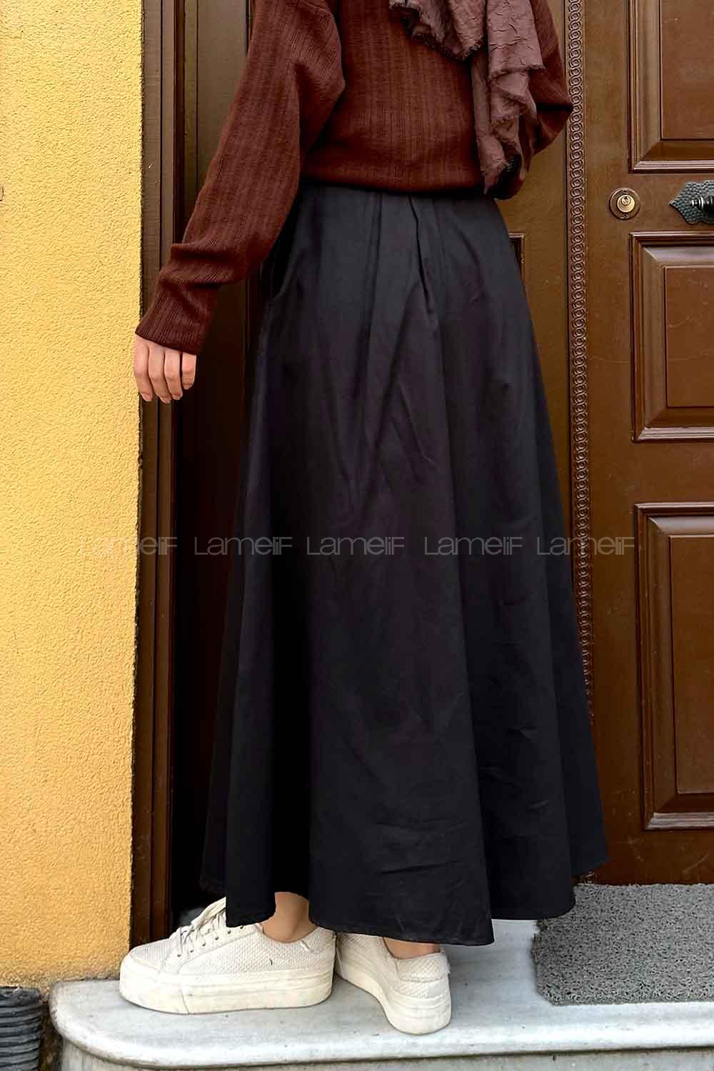 Lamelif Cep Detaylı Kloş Keten Etek Siyah