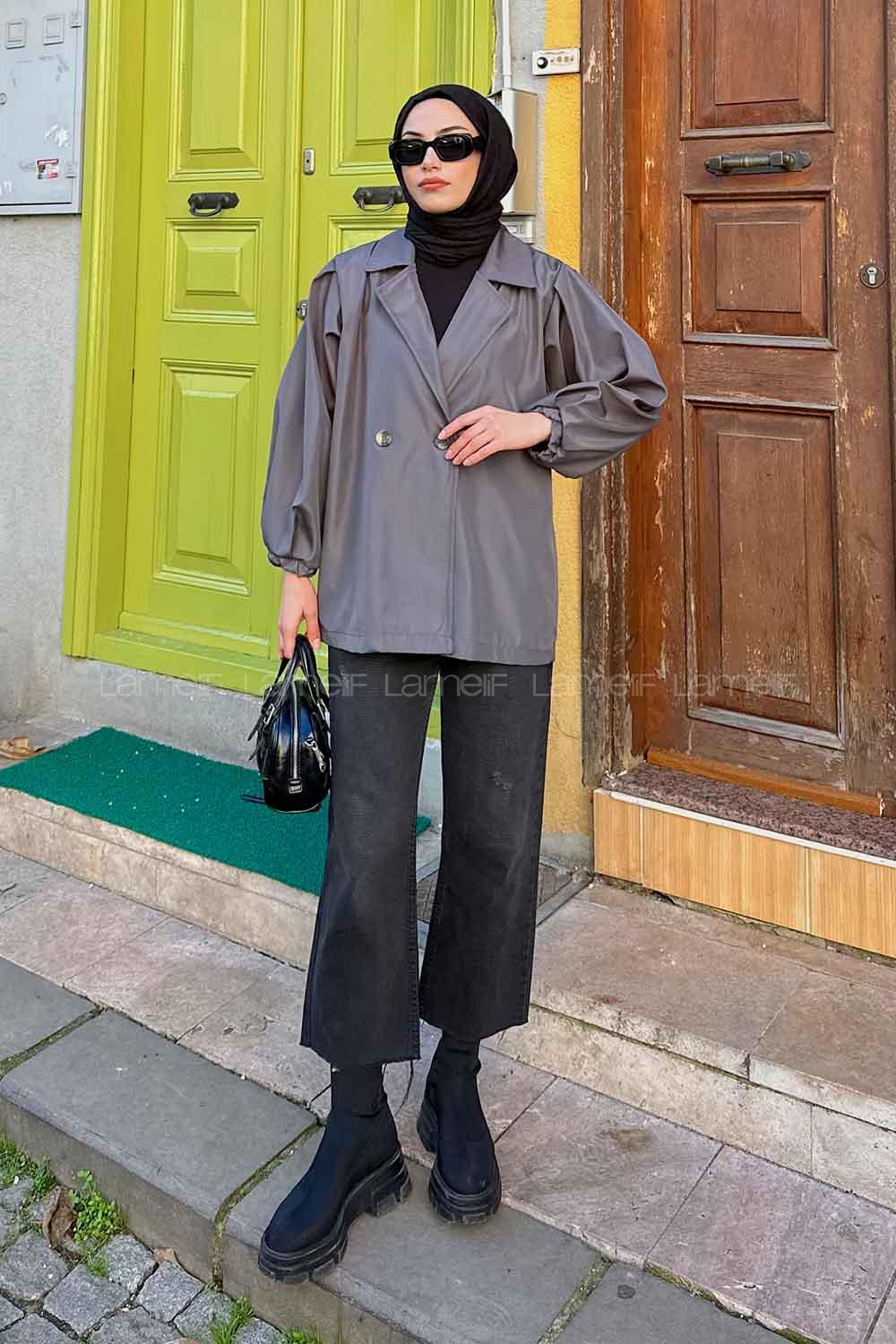 Anthracite Balloon Sleeve Arm Parachute Fabric Trench Coat