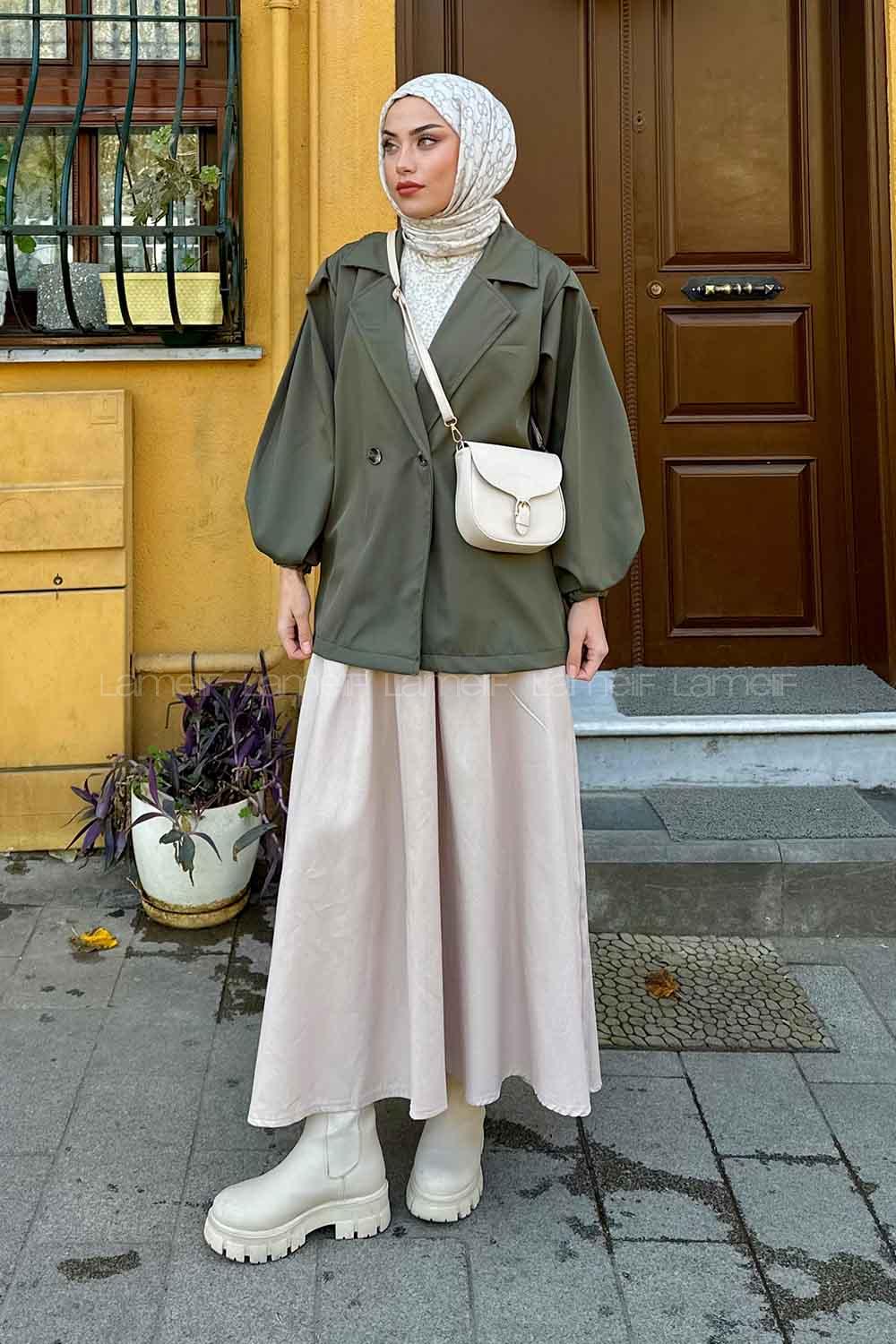 Lamelif Pamela Balon Kol Trenç  Asker Yeşili