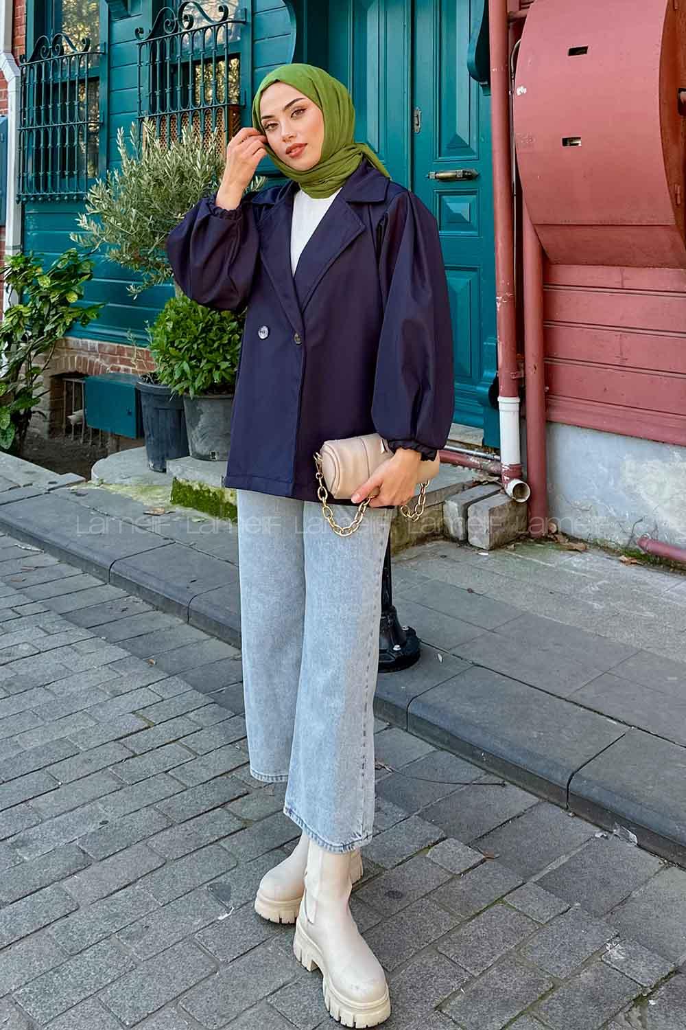 Lamelif Pamela Balon Kol Trenç  Lacivert