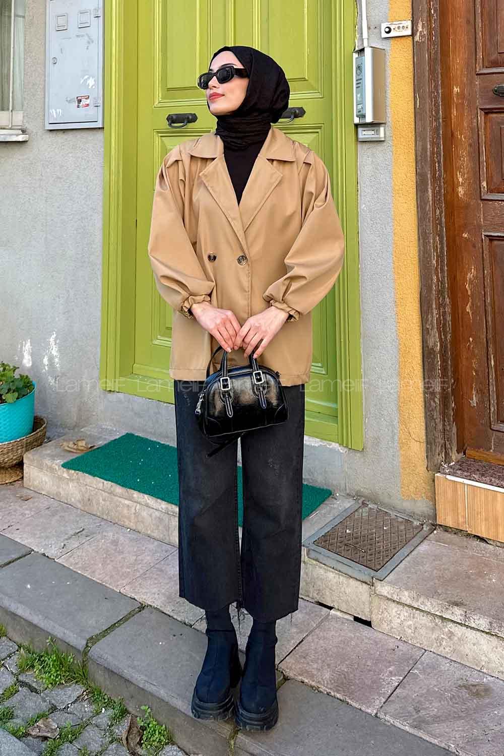 Lamelif Pamela Balon Kol Trenç  Sütlü Kahve