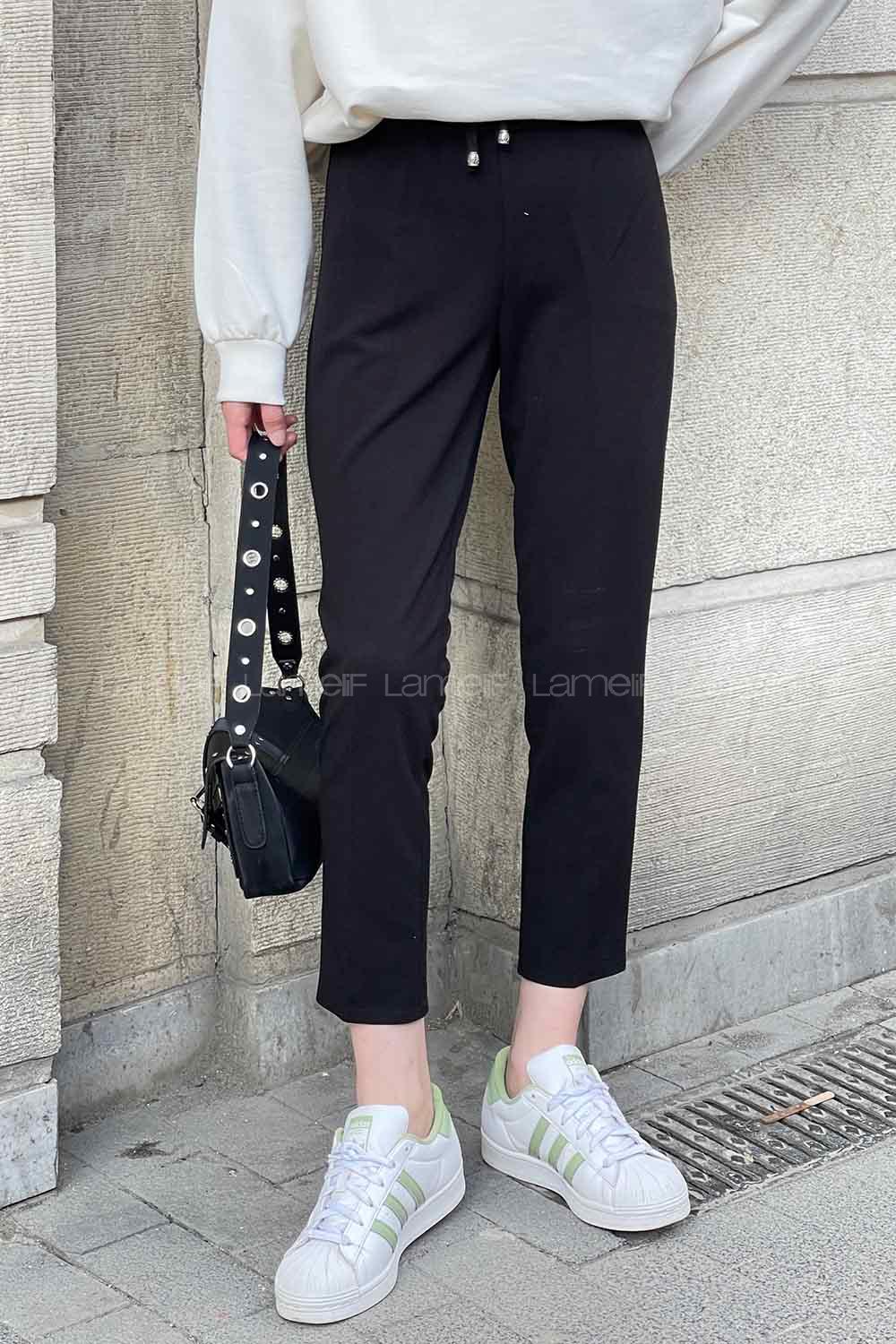 Black Crepe Fabric Elastic Waist Material Pants