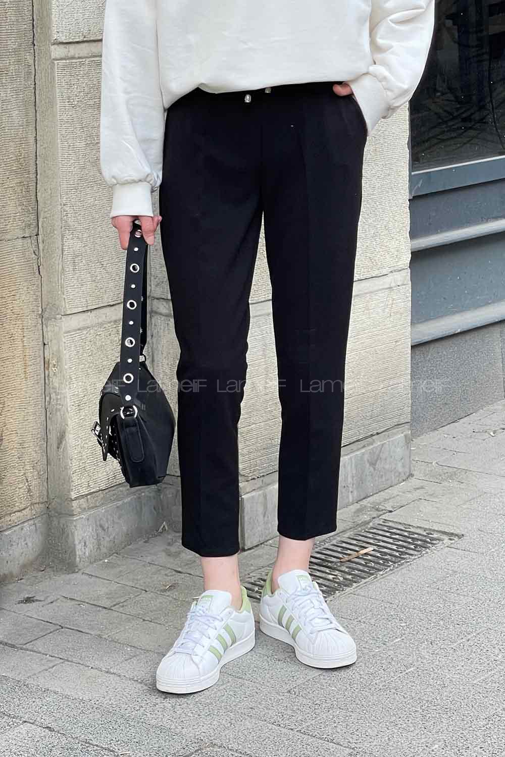 Black Crepe Fabric Elastic Waist Material Pants