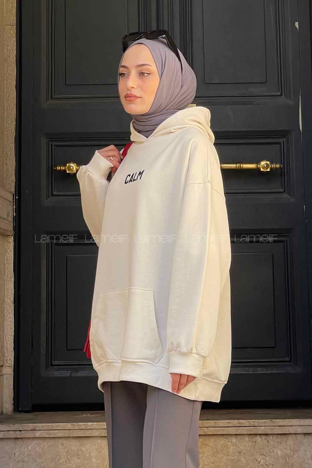 Lamelif Calm Baskı Detaylı Sweatshirt Ekru