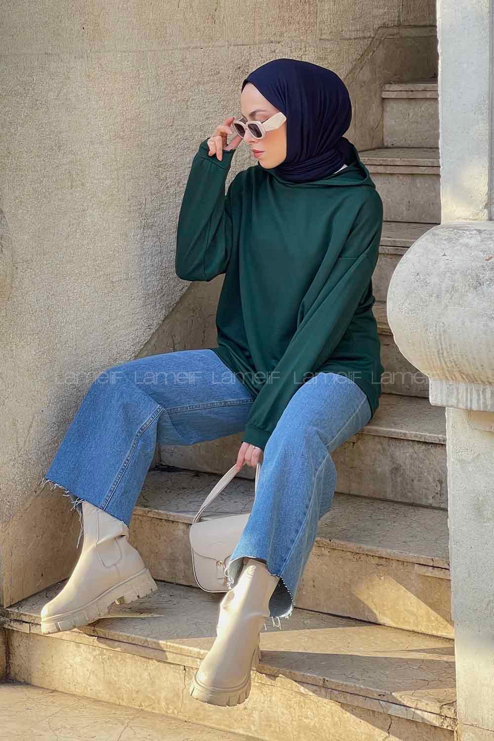 Lamelif Etek Ve Kol Ucu Manşetli Kapüşonlu Sweatshirt Zümrüt