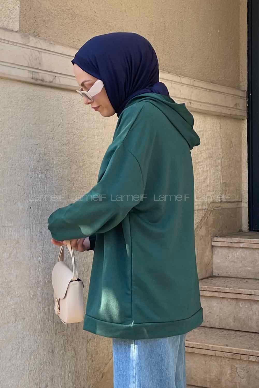 Lamelif Etek Ve Kol Ucu Manşetli Kapüşonlu Sweatshirt Zümrüt