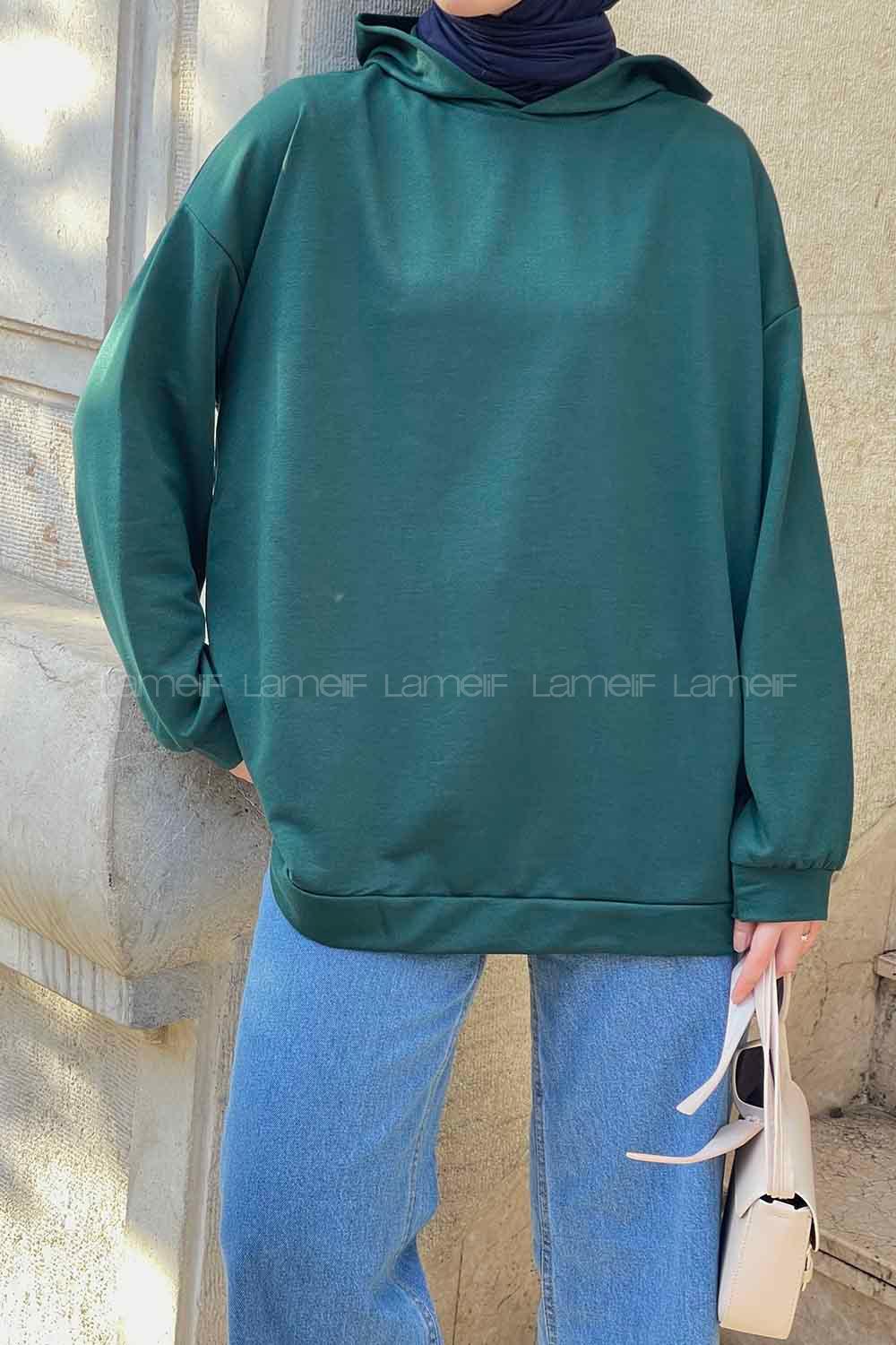Lamelif Etek Ve Kol Ucu Manşetli Kapüşonlu Sweatshirt Zümrüt