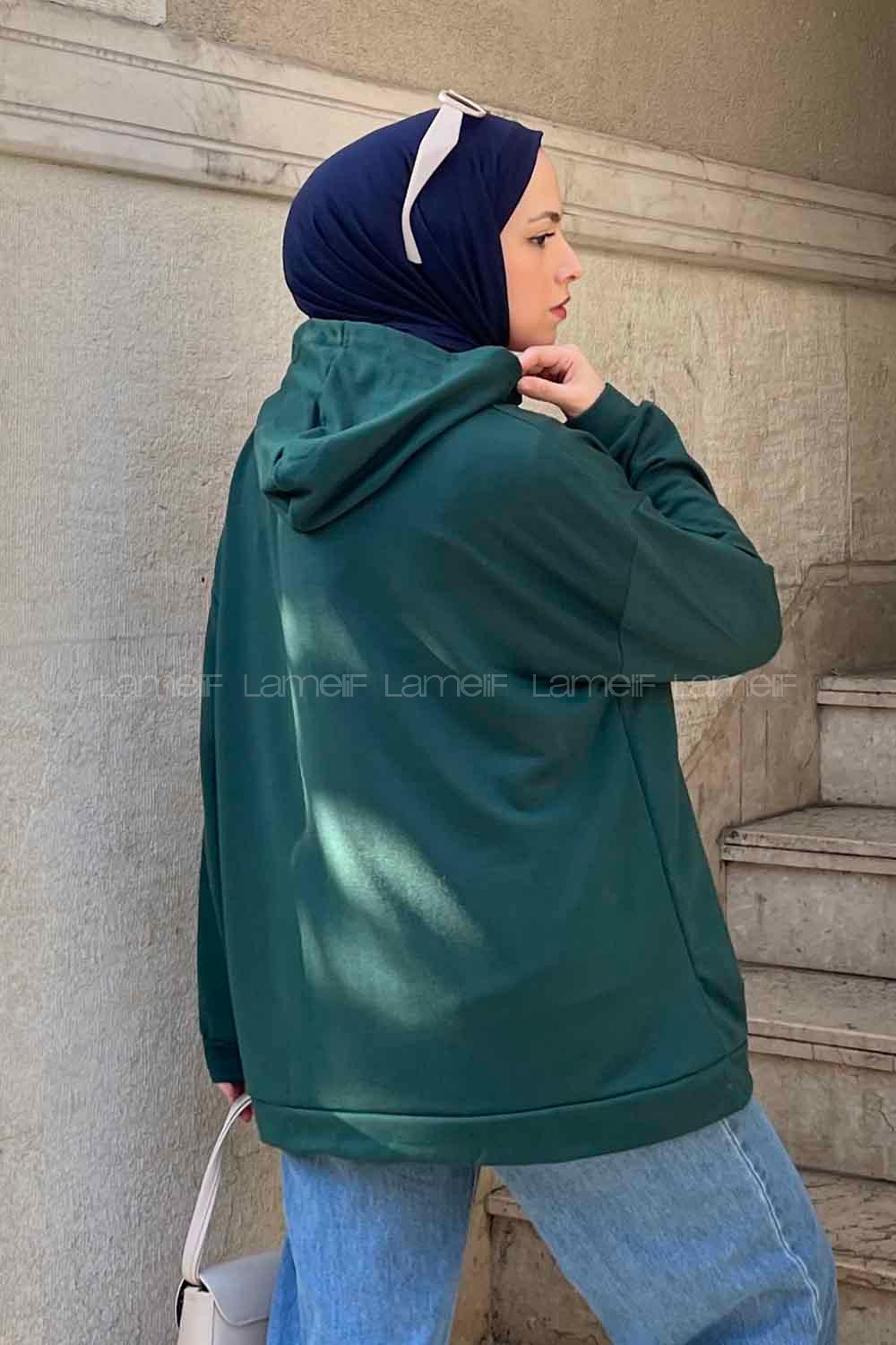 Lamelif Etek Ve Kol Ucu Manşetli Kapüşonlu Sweatshirt Zümrüt