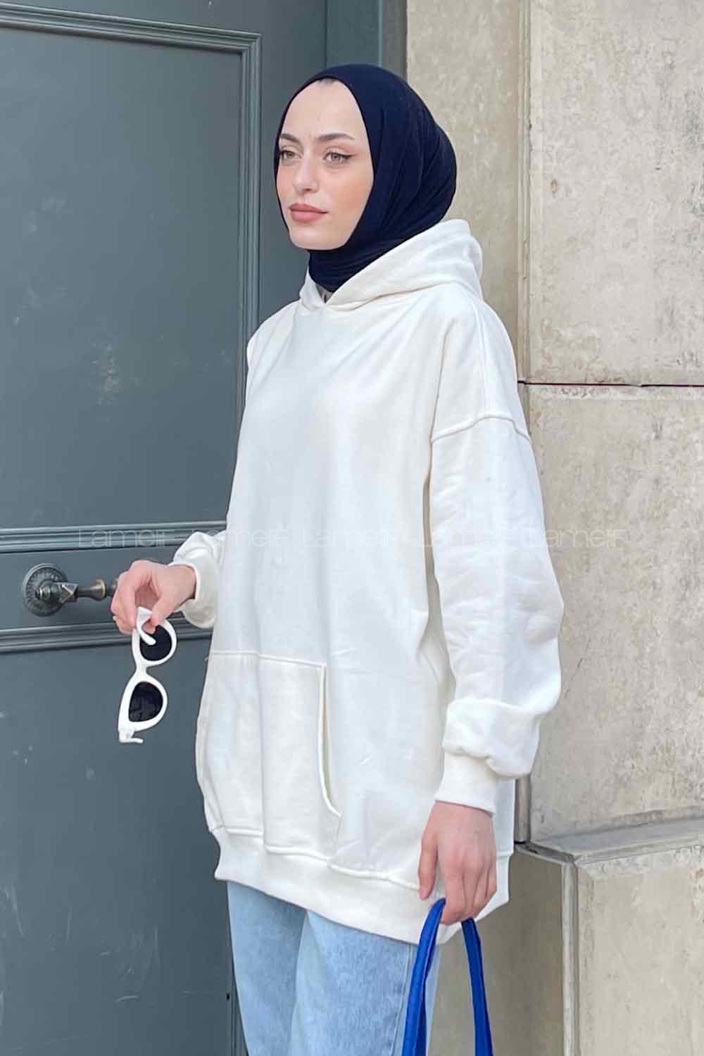 Lamelif Kapüşon Detaylı Kanguru Cep Sweatshirt Ekru