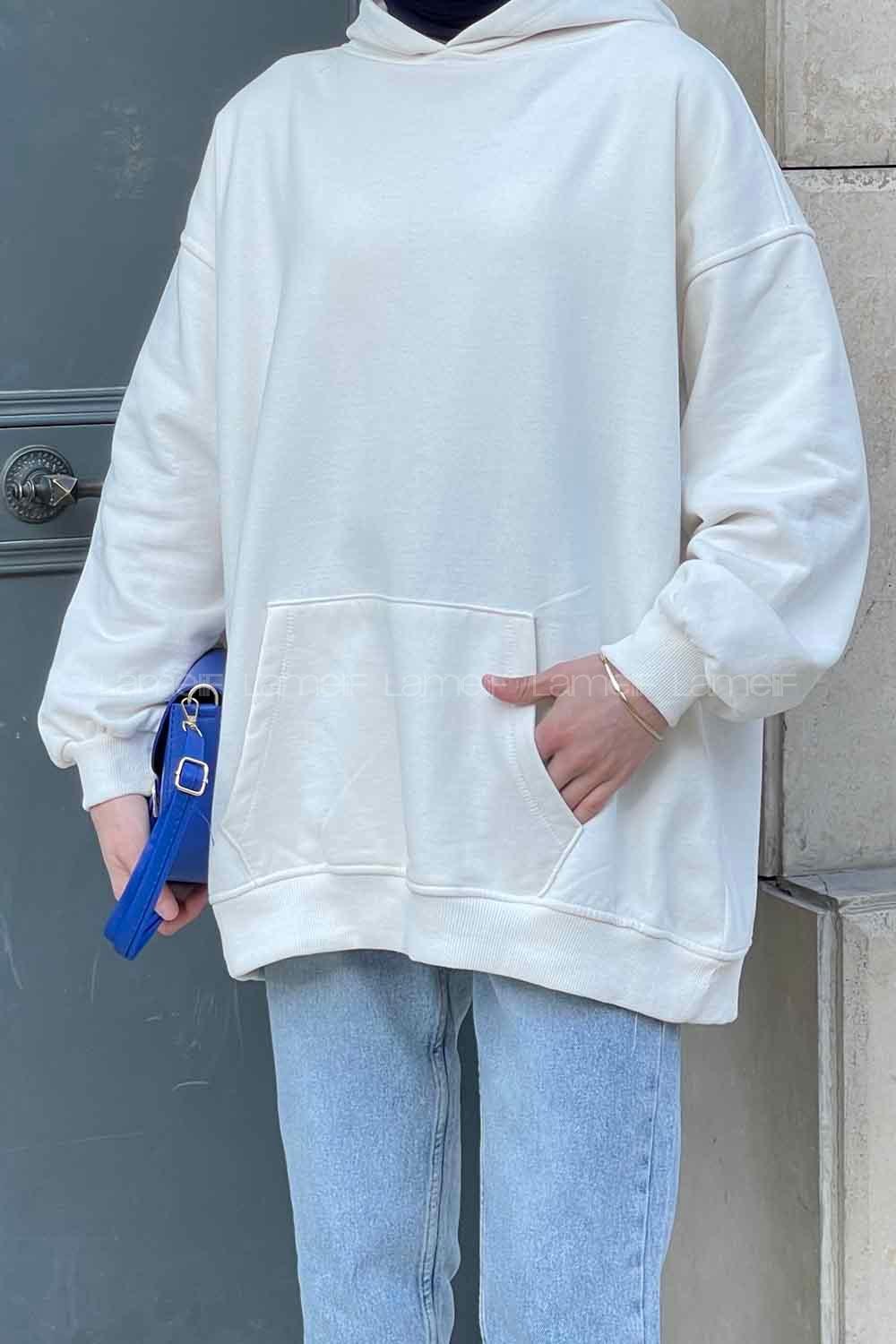 Lamelif Kapüşon Detaylı Kanguru Cep Sweatshirt Ekru