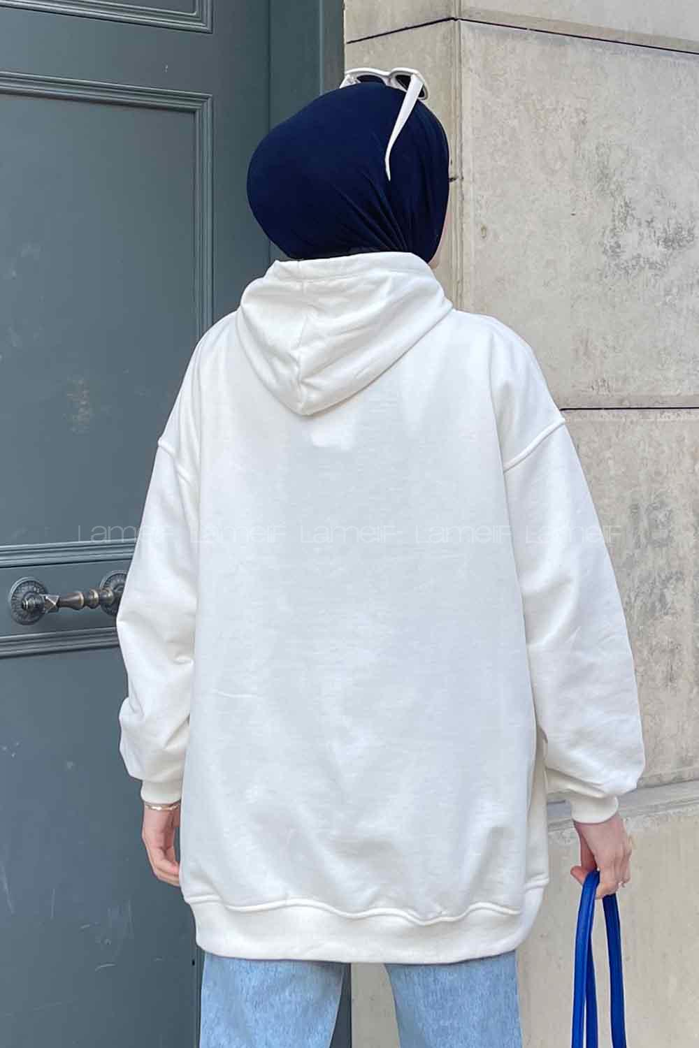 Lamelif Kapüşon Detaylı Kanguru Cep Sweatshirt Ekru