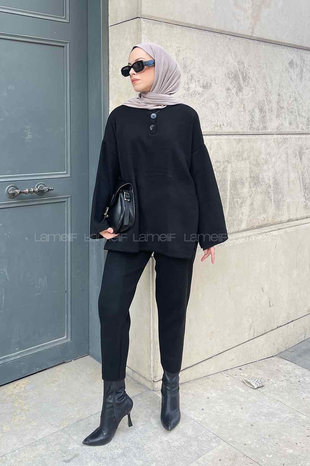 Black Mandarin Collar Long Arm Without Accessories Knitwear Regular Trousers Comfortable Suit