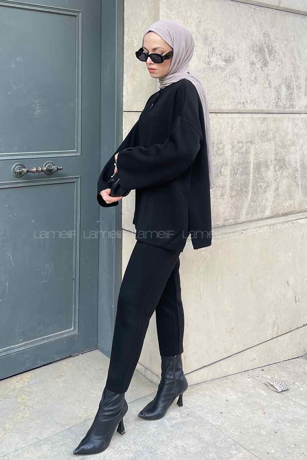 Black Mandarin Collar Long Arm Without Accessories Knitwear Regular Trousers Comfortable Suit