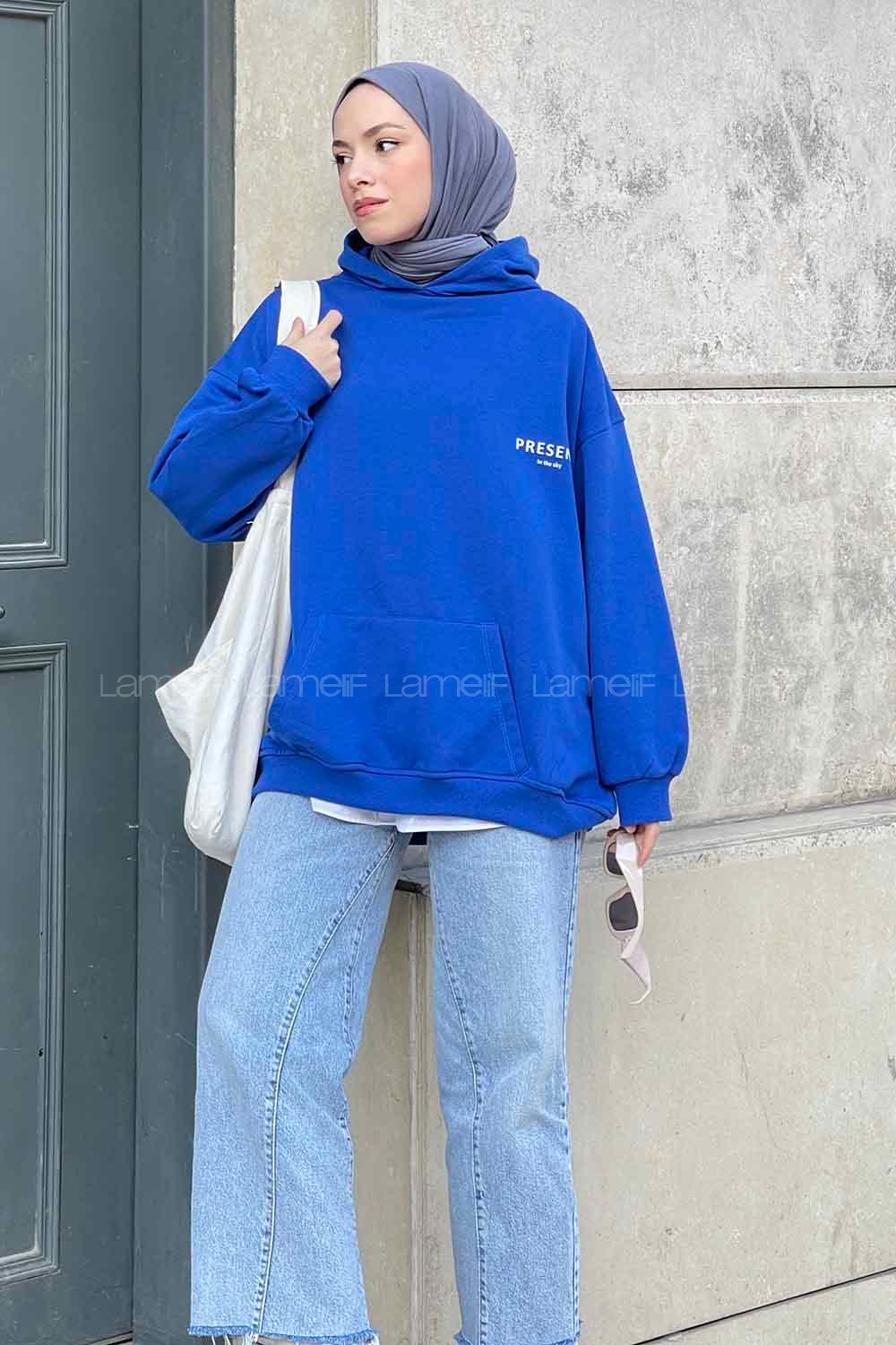 Lamelif Present Baskı Detaylı Sweatshirt Mavi