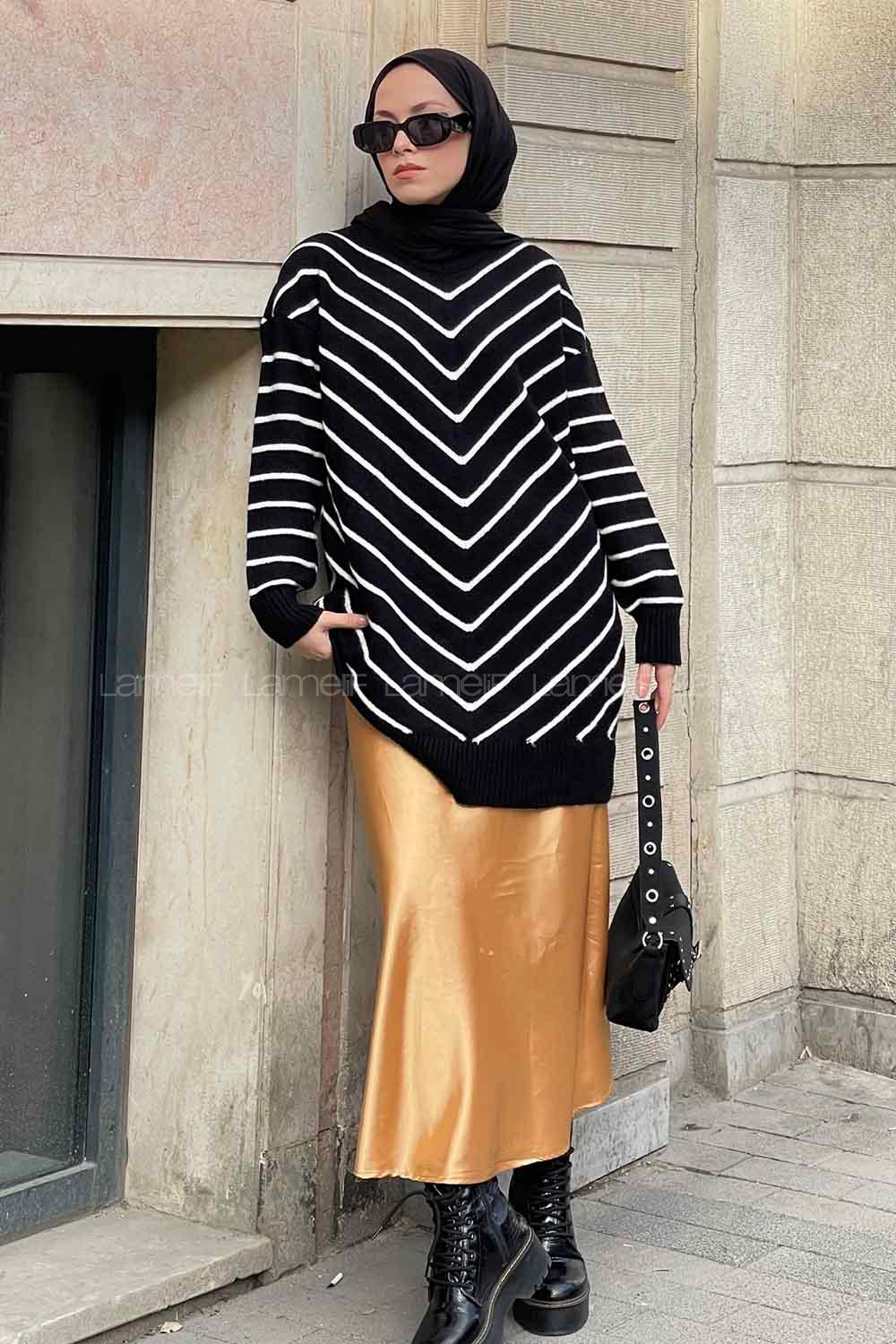 Lamelif Zikzak Desenli Yumoş Tunik Siyah