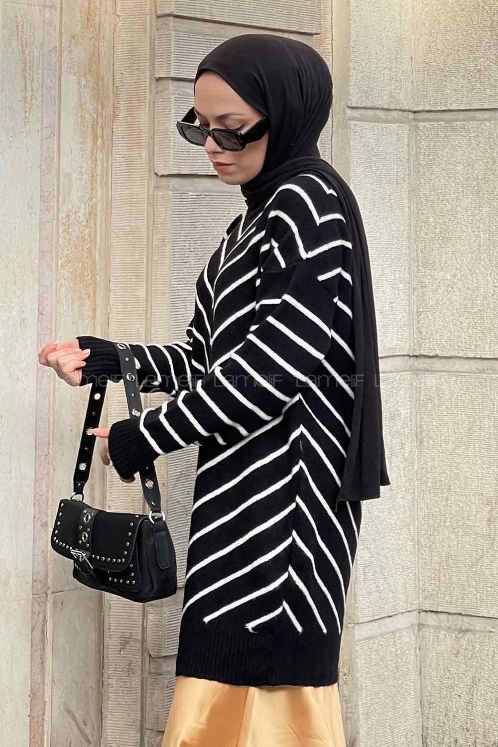 Lamelif Zikzak Desenli Yumoş Tunik Siyah