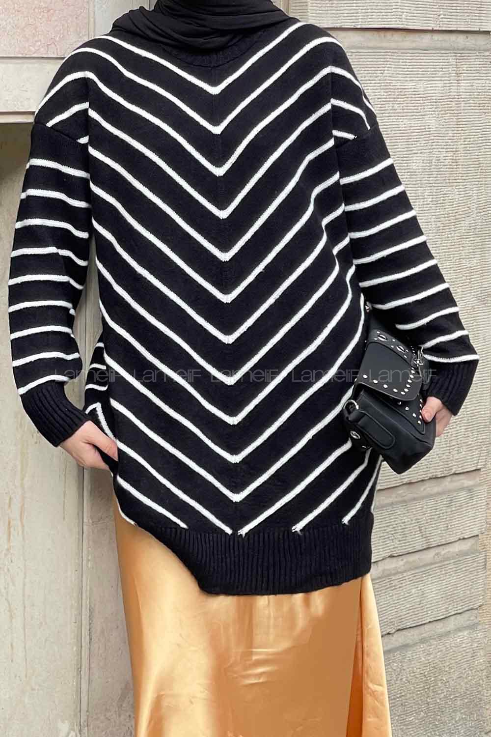 Lamelif Zikzak Desenli Yumoş Tunik Siyah