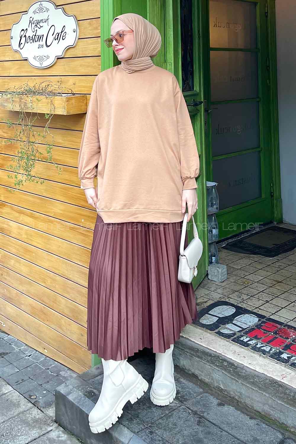 Lamelif  Bisiklet Yaka  İki İplik Düz Sweat Sütlü Kahve