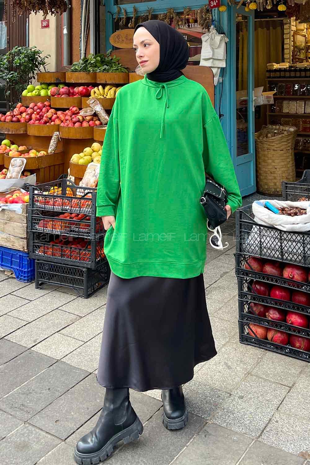 Green Mandarin Collar Long Arm Unprinted Sweatshirt