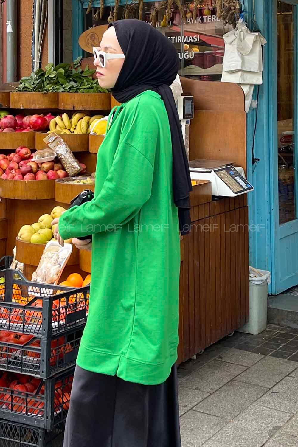 Green Mandarin Collar Long Arm Unprinted Sweatshirt