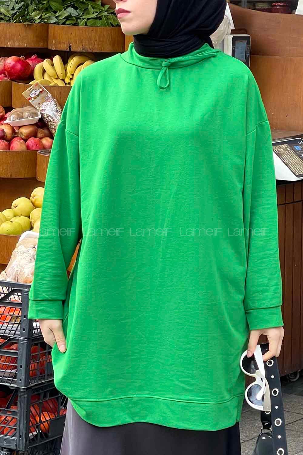 Green Mandarin Collar Long Arm Unprinted Sweatshirt