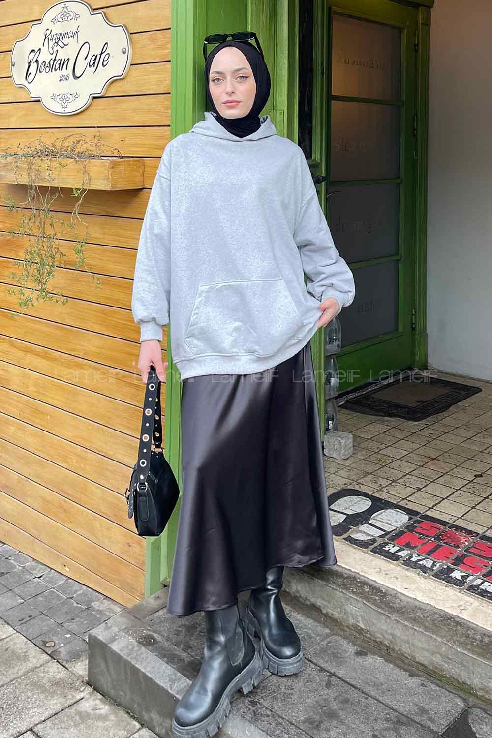 Lamelif Kapüşon Detaylı Kanguru Cep Sweatshirt Gri