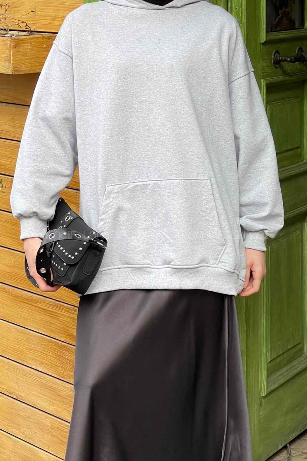 Lamelif Kapüşon Detaylı Kanguru Cep Sweatshirt Gri