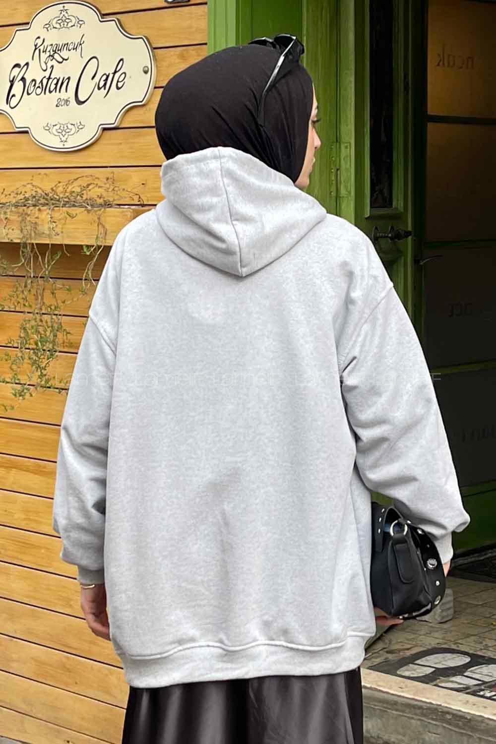 Lamelif Kapüşon Detaylı Kanguru Cep Sweatshirt Gri