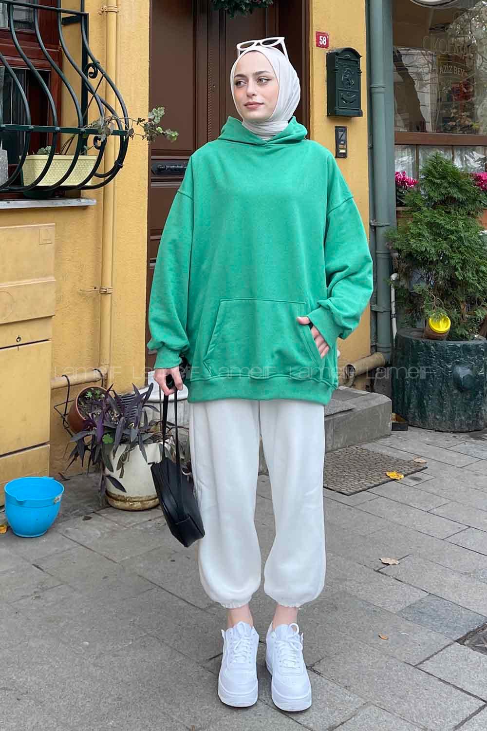 Lamelif Kapüşon Detaylı Kanguru Cep Sweatshirt Yeşil