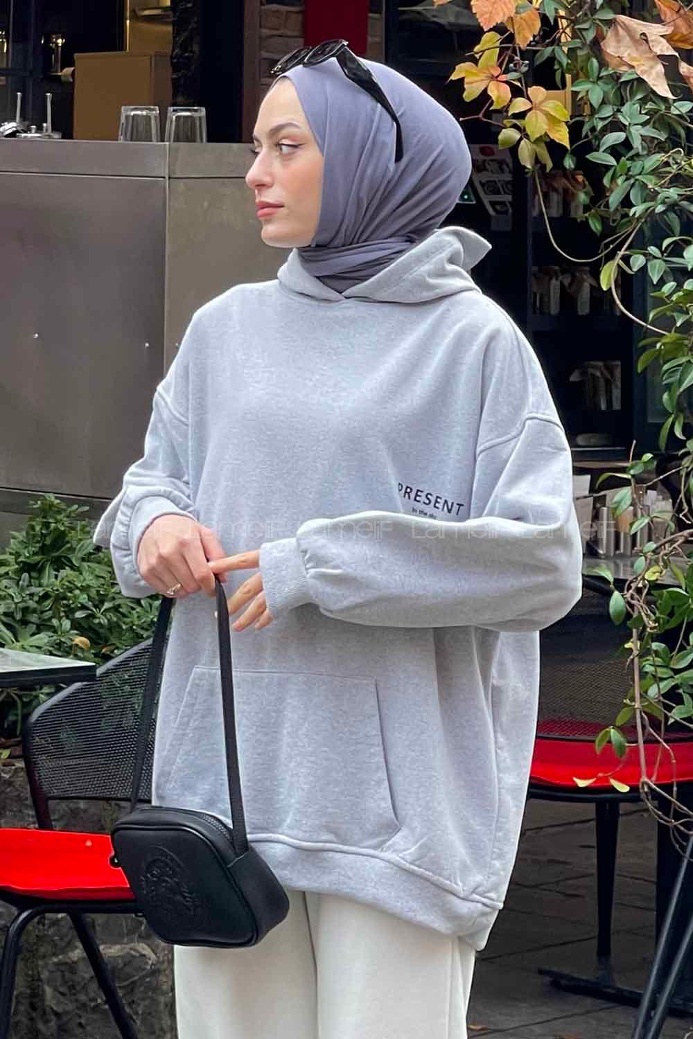 Lamelif Present Baskı Detaylı Sweatshirt Gri
