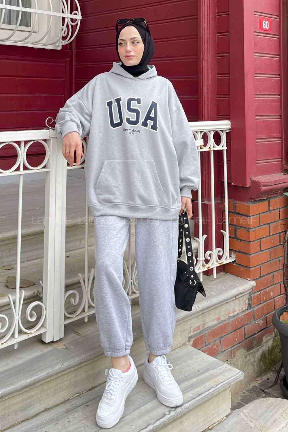 Lamelif Usa Baskılı Sweatshirt Gri