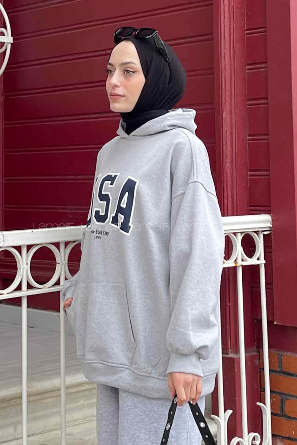 Lamelif Usa Baskılı Sweatshirt Gri