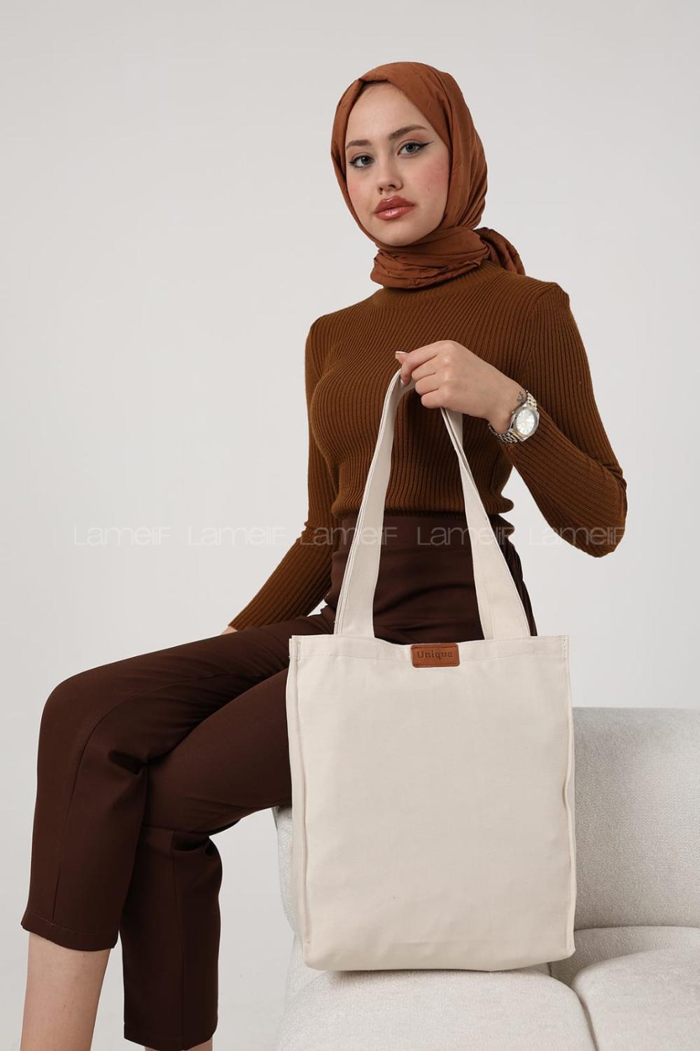 Lamelif Kanvas Unique Geniş Spor Kol Çantası Krem