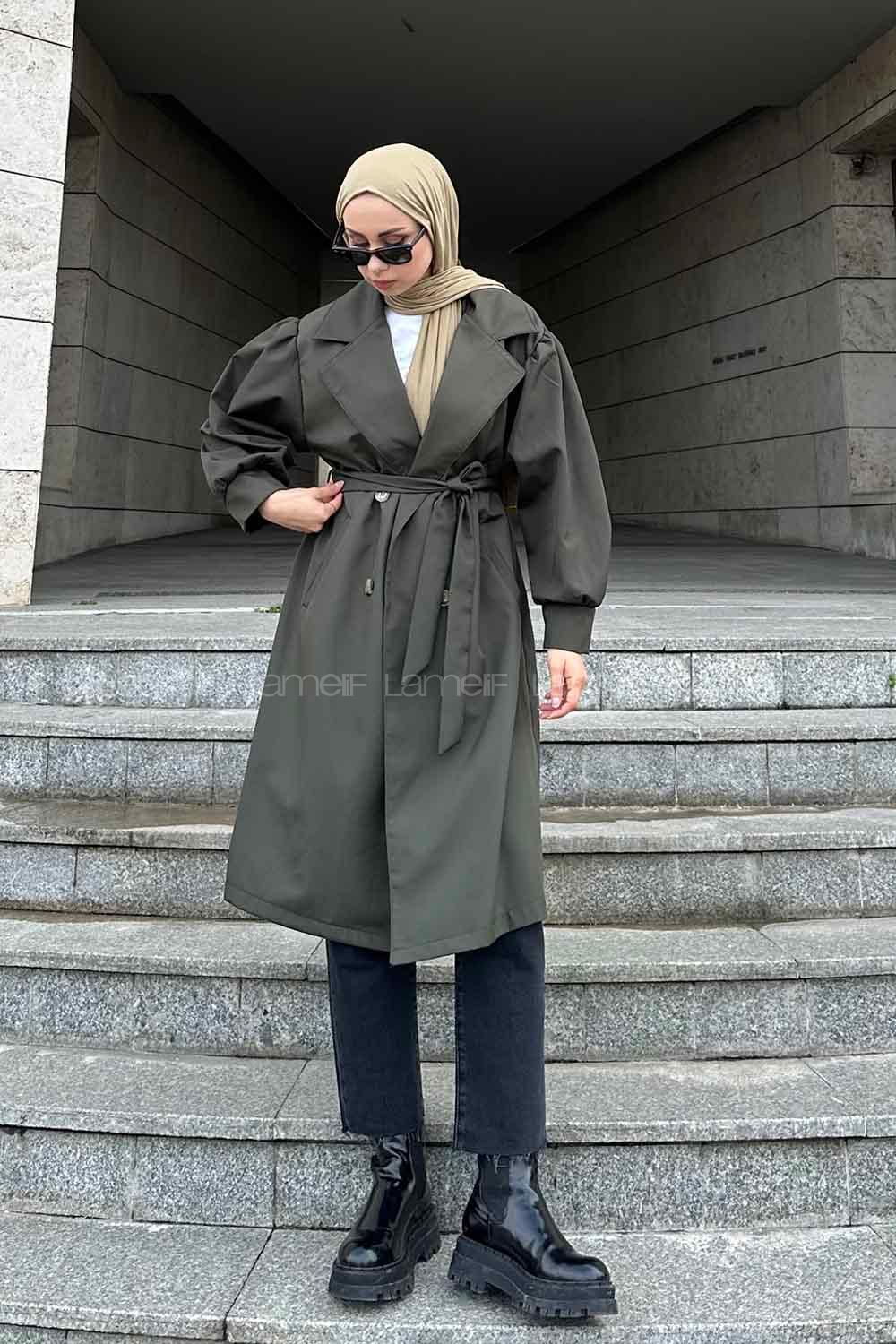 Khaki Balloon Sleeve Arm Belted Cotton Trench Coat