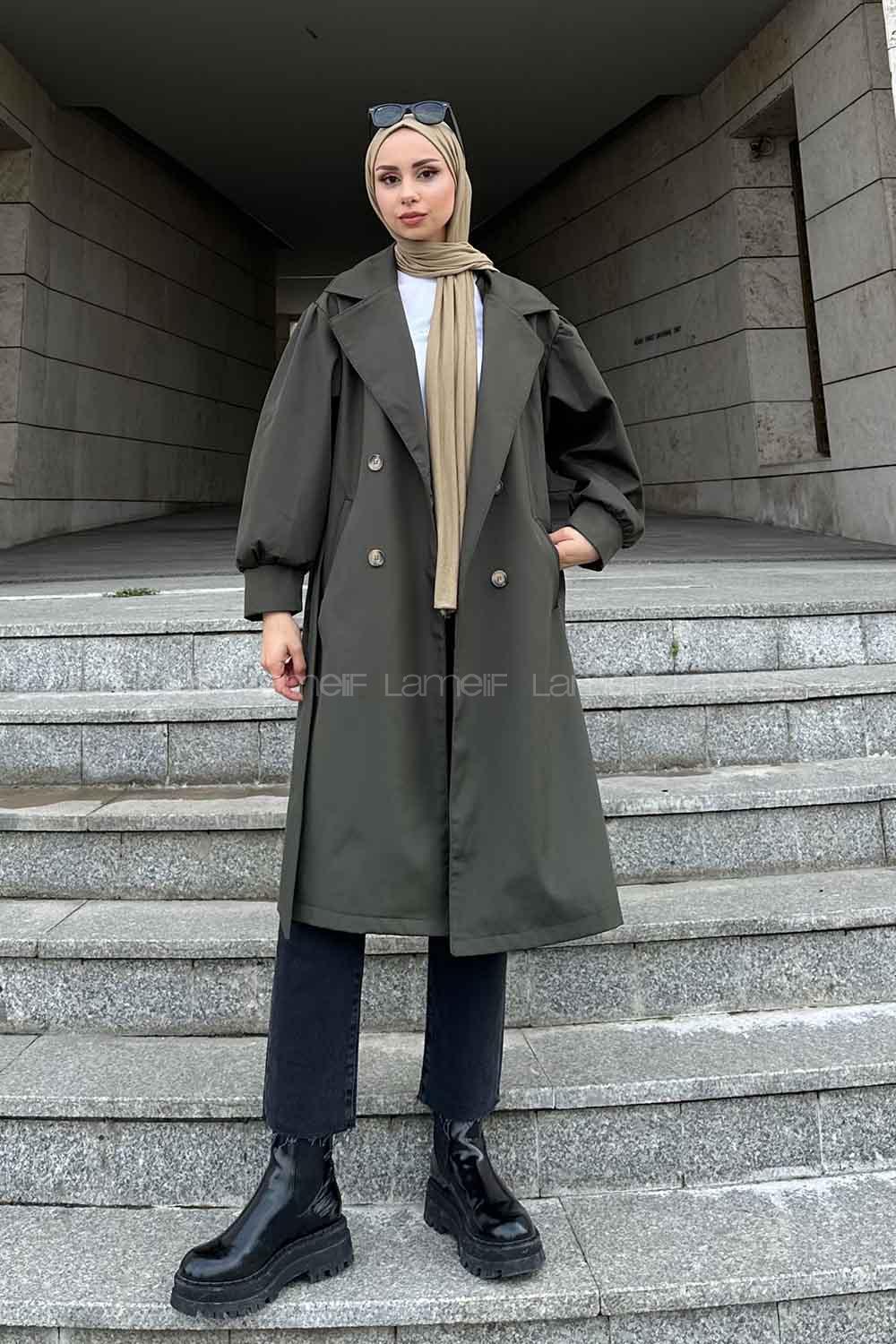 Khaki Balloon Sleeve Arm Belted Cotton Trench Coat