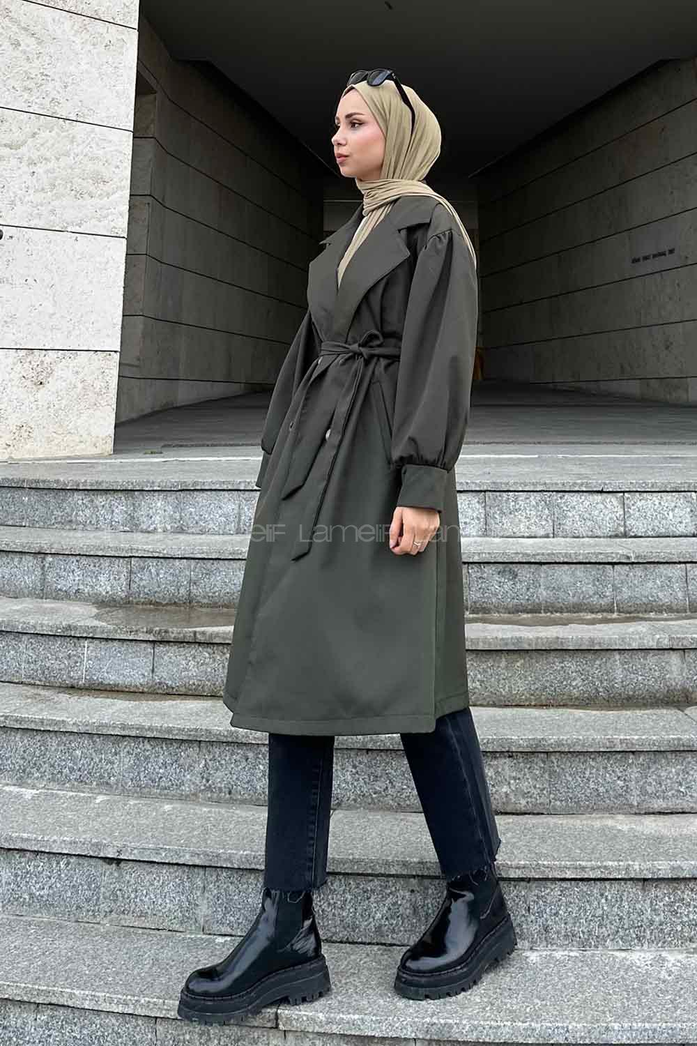 Khaki Balloon Sleeve Arm Belted Cotton Trench Coat