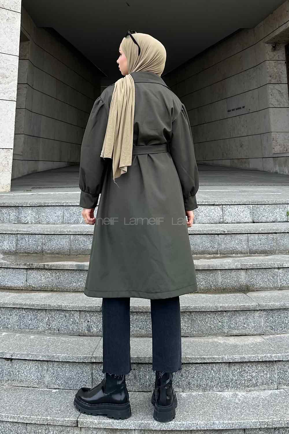 Khaki Balloon Sleeve Arm Belted Cotton Trench Coat